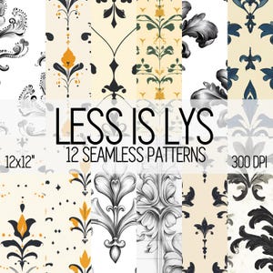Papier numérique LESS IS LYS | Pack de motifs sans couture | 12 designs minimalistes de journaux indésirables Fleur de lys | Scrapbooking + Fournitures de création