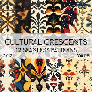 CULTURAL CRESCENTS デジタルペーパーバンドル | アフリカ風のフルール・ド・リスデザイン 12 点 | 大胆でカラフルなシームレスデジタルペーパーファイル | クラフト
