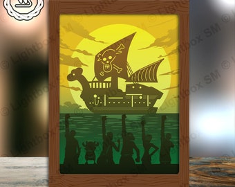 May include: A silhouette of a pirate ship with a skull and crossbones flag sailing on a yellow sunset.  The ship is surrounded by a group of people with their arms raised in the air.