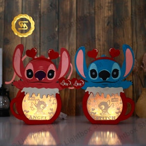 Stitch e Angel Love Cup - File modello Paper Cut Light Box, San Valentino, 3D Papercut Lightbox File Svg Fai da te, Taglio Cricut