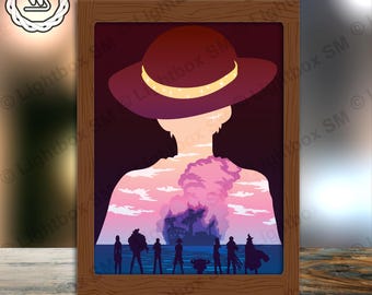 May include: A framed silhouette of a person wearing a straw hat with a pink and purple sky behind them. The silhouette is made up of clouds and the person is looking out at a group of people standing on a beach. The group of people are silhouetted against a blue ocean and a large ship.