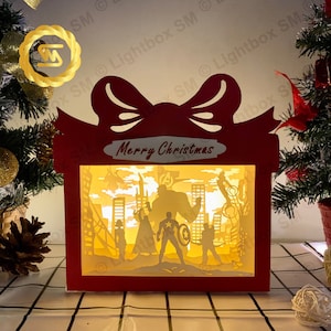 Avengers Christmas Gift Box  - Paper Cut Light Box Template Files, Shadow Box, 3D Papercut Lightbox Svg File DIY, Cutting Cricut
