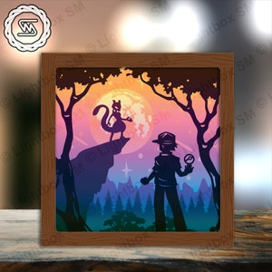 Pokemon 2 - File modello di scatola luminosa tagliata di carta, Shadow Box, 3D Papercut Lightbox Svg File fai da te, Taglio Cricut, Shadow Papercut