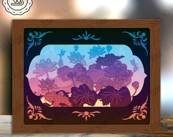 Lotus Pond Paper Cut Light Box Template Files, Shadow Box, 3D Papercut Lightbox Svg File DIY, Cutting Cricut, Shadow Papercut