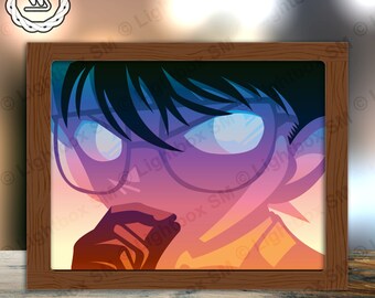 May include: A framed illustration of a cartoon character with black hair, wearing glasses and a white shirt. The character has a serious expression and is looking to the right. The background is a gradient of orange, yellow, and purple.