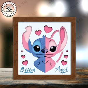 Stitch and Angel - File modello scatola luminosa tagliata in carta, Shadow Box, file SVG scatola luminosa tagliata in carta 3D fai da te, Cricut di taglio, Shadow Papercut