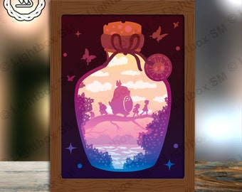 May include: A wooden frame with a glass panel depicting a whimsical scene of a forest inside a bottle. The scene includes a large, fluffy creature, a river, and a group of small figures walking along a path. The bottle is tied with a red ribbon and has a cork stopper. The background is a dark blue with stars and butterflies.
