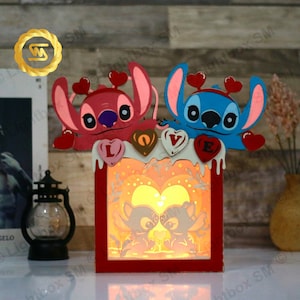 Stitch e Angel love box - File modello Paper Cut Light Box, Shadow Box, 3D Papercut Lightbox Svg File fai da te, Taglio Cricut