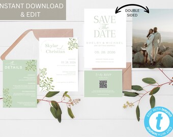 Sage Green Wedding Invitation Bundle: Editable Template (Digital Download with Templett)