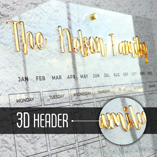 Acrylic Wall Calendar 3D GOLD Family Planner Dry Erase Calendar - Personalize with Your Family Name / Create Your Own Unique Wall Planner