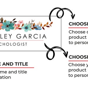 May include: A customizable business card template with a floral design. The template features a watercolor floral border with pink, blue, and green flowers. The text "Dr. ASHLEY GARCIA PSYCHOLOGIST" is displayed below the floral border. The image also includes instructions for customizing the design and font.