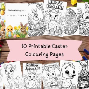 Op de afbeelding: Tien zwart-witte printbare paas kleurplaten met verschillende dieren, waaronder een konijn, kuiken, koe, lama en eend. De pagina's zijn omringd door kleurrijke paaseieren en bloemen.
