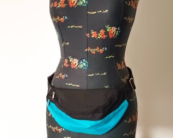 Fabric fanny pack, black and blue fanny pack, double pocket fanny pack, fanny pack shoulder bag