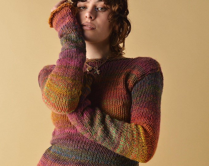 Handmade Striped Pink Knitted Jumper: Boho Hippie Knitwear