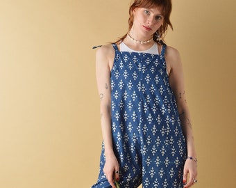 Mazey Jumpsuit Indigo Blue Block Print Dungarees