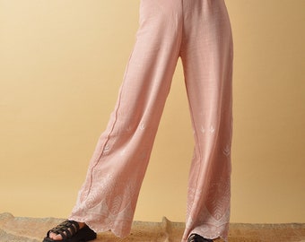 Mustang Trousers Pink Embroidered Wide Leg Pants