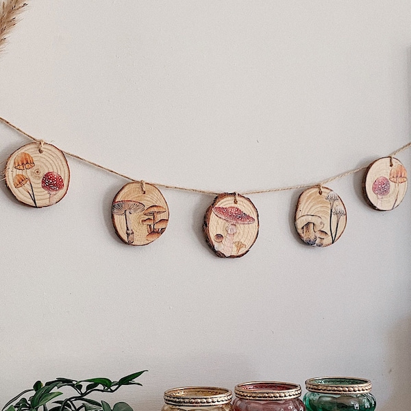 Mushroom Bunting Garland Nature Aesthetic Boho Home Wall Decor | Rustic Homeware Kitchen Bedroom Garden Decoration Banner | Handmade Gift