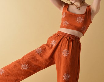 Solstice Sun Print Orange Cropped Trousers