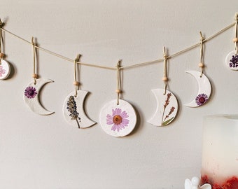 Pressed Flower Floral Moon Phase Wall Hanging | Handmade Celestial Decor