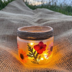 Handmade Flower Pressed Glass Jar Tealight Holder | Boho Homeware | Wedding Table Decor