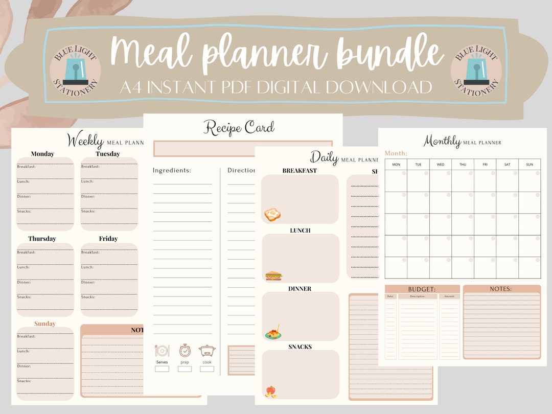 Meal Planner Digital Printable PDF BUNDLE, Weekly Food Diary, Monthly ...