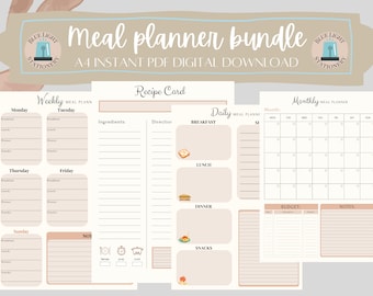 Meal Planner Printable Bundle, Weekly, Monthly, Daily, Recipe Card (PDF)