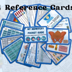 May include: A set of 34 blue reference cards with rounded corners and white text. The cards are titled "My Midwifery Pocket Guide" and include topics such as "The 5 Rights", "Common Abbreviations", "First Stage Labour", "Fetal Stations", "Unit Conversions", and "Bishop Score".