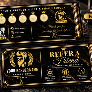 Peut inclure: Cartes de fidélité noires et dorées pour salon de coiffure. Le recto présente cinq cercles pour les parrainages, un QR code et un poteau de barbier. Le verso affiche un logo d'homme barbu, le texte Refer a Friend et des icônes de coiffure.