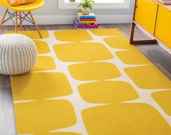 Yellow Geometric Rug Mid Century Modern – Hand Tufted Wool Area Rug, Retro Grid Carpet for Bedroom, Living Room, Soft Modern Decor
