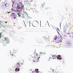 May include: Watercolor floral collection titled "VIOLA" featuring various arrangements of purple and white flowers with green foliage. The image includes individual floral bouquets and arrangements, perfect for digital art or design projects.