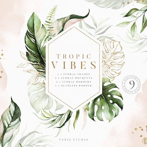 Jungle tropicale vert or feuilles cadre floral bordure couronne bouquet clipart aquarelle mariage invitation clip art PNG papier numérique été