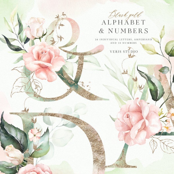 Watercolor Blush Rose Gold Pink Peach Alphabet Ampersand Number floral flower clip art wedding invitation png lettering baby shower template
