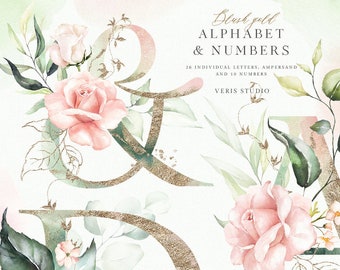 Aquarel Blush Rose goud roze perzik alfabet Ampersand nummer bloemen bloem clip art bruiloft uitnodiging png baby shower sjabloon belettering