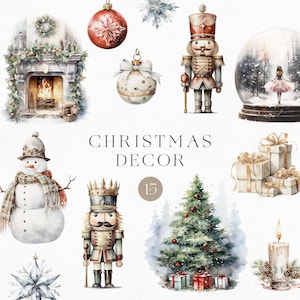 Clipart de inverno em aquarela - Presentes de quebra-nozes png - Globo de neve de boneco de neve - Arte de lareira de brinquedos de árvore de Natal - Vela vintage Uso comercial