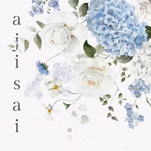 Könnte beinhalten: Aquarell-Blumen-Clipart mit blauen Hortensien, weißen Rosen und zarten blauen Blumen. Das Bild enthält Hochzeitspapeterie mit einer "Save the Date"-Karte und einer Speisekarte. Der Text "SEAMLESS BORDERS" ist ebenfalls sichtbar.