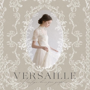May include: A collection of vintage baroque graphics and frames in blue and white. The image includes a woman in a white dress, invitation cards, and decorative frames with floral and scroll designs. The text "VERSAILLE" is visible.
