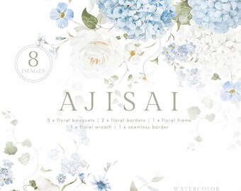 May include: Watercolor floral clip art set featuring blue hydrangeas, white roses, and green foliage. Text includes 8 IMAGES, AJISAI, and a list of 3 floral bouquets, 2 floral borders, 1 floral frame, 1 floral wreath, and 1 seamless border.