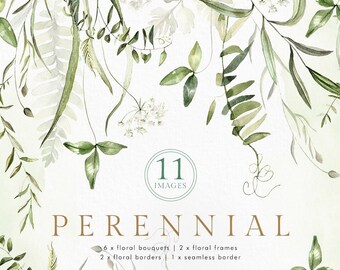 May include: Watercolor clip art featuring 11 images of green foliage, including floral bouquets, frames, borders, and a seamless pattern. The text "PERENNIAL" is displayed in the center of the image.