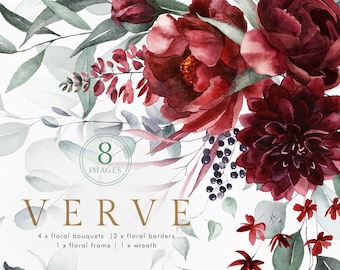 Watercolor Pink Burgundy Maroon Green eucalyptus bouquet border frame rose peony flower wedding invitation floral clipart digital greenery