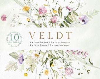 Wildflowers Watercolor wild field Meadow floral flowers clipart Green frame bouquet border wedding invitation logo png digital leaves spring