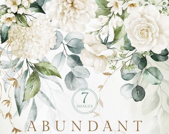 Watercolor Flower Green White Gold eucalyptus bouquet border rose peony wedding invitation floral clipart png digital greenery leaves art