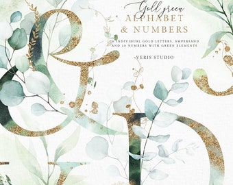 Gold Green Eucalyptus Leaves Alphabet Ampersand Number Watercolor floral clip art wedding invitation png lettering logo symbol font monogram
