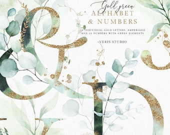 Gold Grün Eukalyptus Blätter Alphabet Und-Zeichen Aquarell Blumen Clip Art Hochzeitseinladung Png Schriftzug Logo Symbol Schrift Monogramm