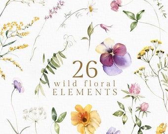 Wildflowers Watercolor wild field elements Meadow floral flowers clipart Green bouquet wedding invitation logo png digital leaves spring