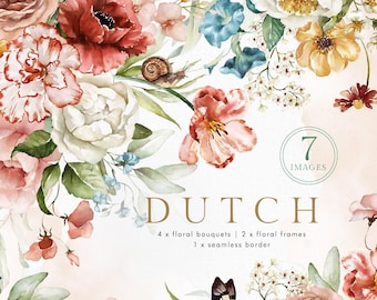 May include: A digital illustration of watercolor floral bouquets, frames, and a seamless border. The flowers are in shades of pink, red, yellow, and blue. The text "DUTCH" is in gold lettering with the description "4 x floral bouquets | 2 x floral frames | 1 x seamless border".