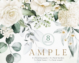 Watercolor Green White flowers eucalyptus bouquet border rose peony chamomile wedding invitation floral clipart png digital greenery leaves