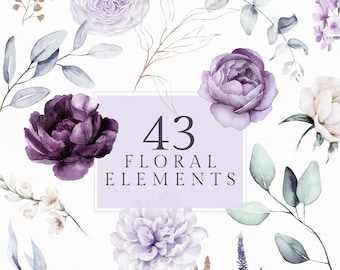 Acquerello Viola Viola Verde set floreale elementi bouquet bordo invito matrimonio fiori foglie clipart PNG modello digitale eucalipto