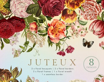 May include: A digital graphic featuring a variety of vintage floral arrangements. The image includes bouquets, borders, frames, and a wreath, with a butterfly and the word "JUTEUX". The image contains 8 images.