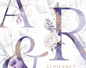 Goud Violet Paars Eucalyptus Bladeren Alfabet Ampersand Nummer Aquarel bloemen clip art bruiloft uitnodiging png letter logo lettertype monogram