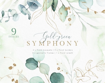 Watercolor Green Gold eucalyptus Geometric frame bouquet border wreath wedding invitation floral clipart png digital greenery leaves spring